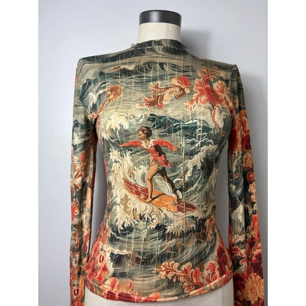 The Kit Women's Boho Artsy Women's S Long Sleeve Vintage Inspired Red Surfer Top - Picture 6 of 10